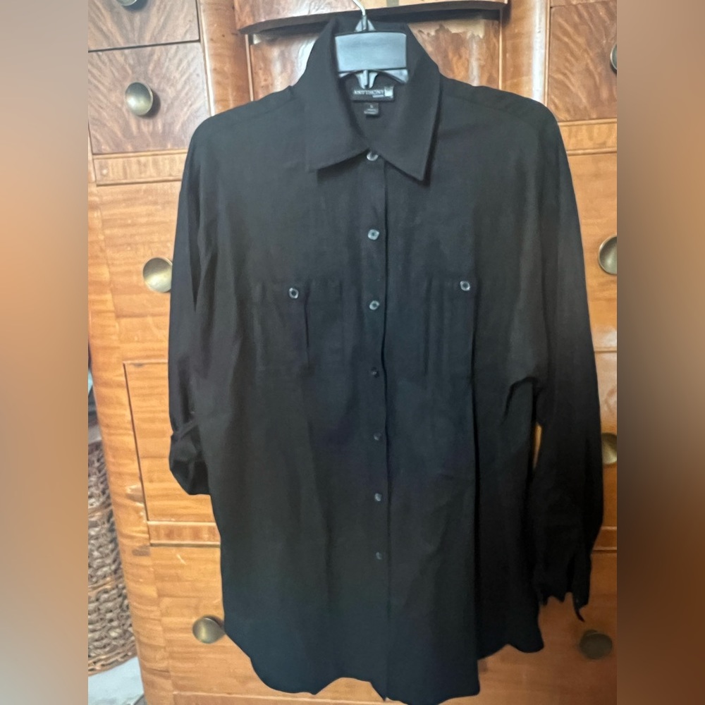 Black Linen-blend Tunic, Button Down